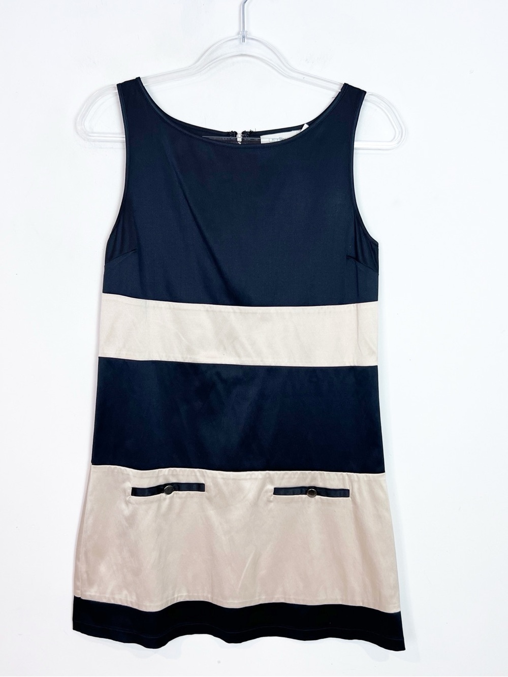 COSTA BLANCA OFF-WHITE BLACK STRIPE SLEEVELESS DRESS FRONT POCKETS WOMENS SMALL